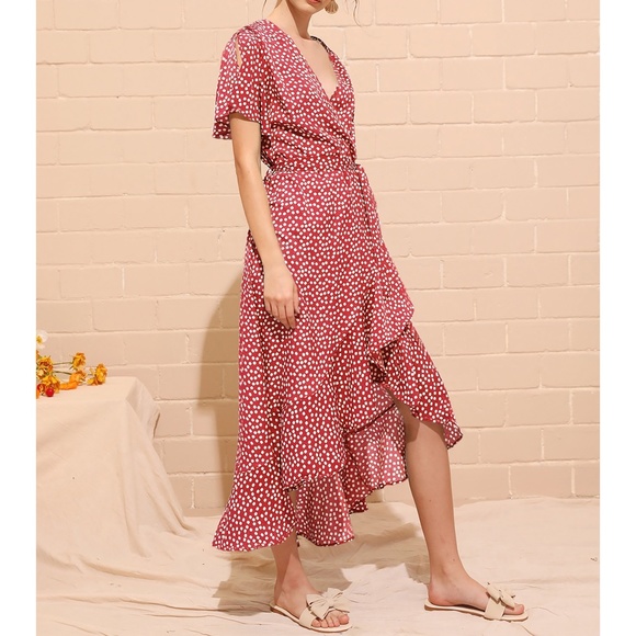 Red Ditsy Floral Summer Ruffle Wrap Maxi Dress - Picture 5 of 6